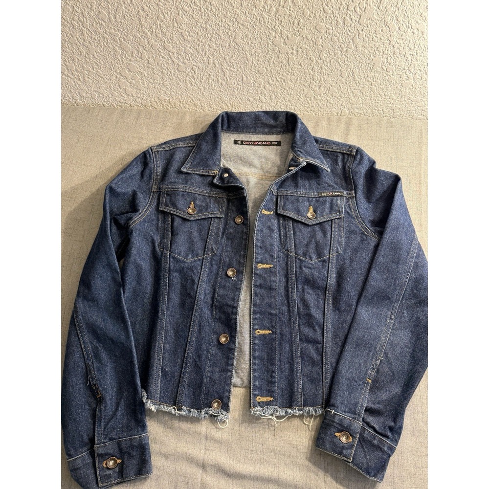 DKNY Jeans denim jacket frayed hem dark blue wash Women's Size L Crisp